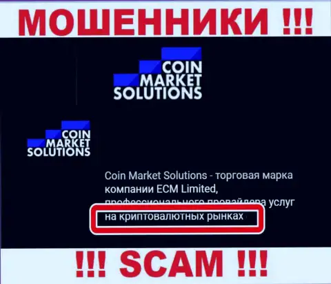 С компанией CoinMarketSolutions Com связываться опасно, их направление деятельности Крипто трейдинг - это ловушка