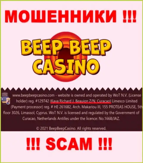 BeepBeep Casino - это мошенническая организация, которая пустила корни в офшоре по адресу: Kaya Richard J. Beaujon Z/N, Curacao