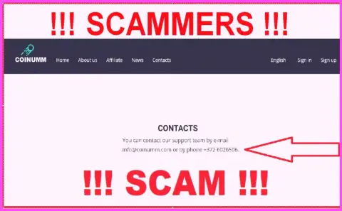 Coinumm phone number is listed on the scam site