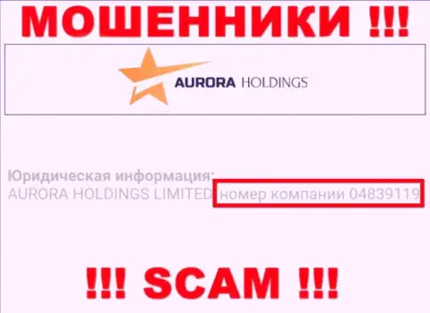Номер регистрации воров Aurora Holdings, опубликованный на их официальном сайте: 04839119