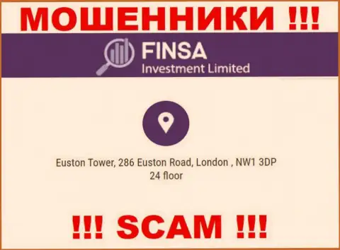 Избегайте совместной работы с организацией FinsaInvestmentLimited Com - указанные мошенники указывают липовый адрес