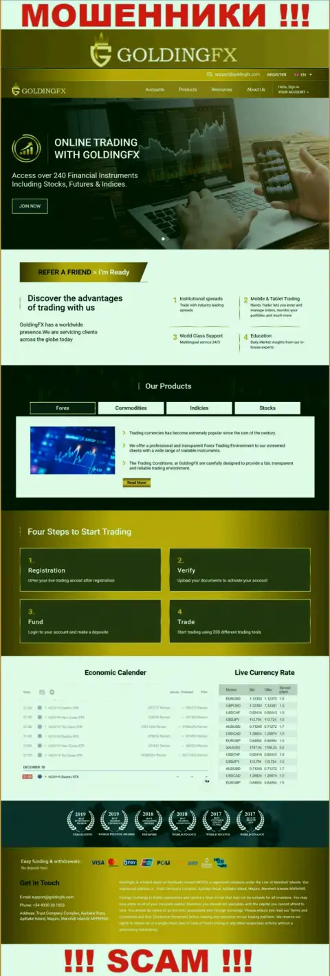 Официальный сайт мошенников Golding FX, заполненный информацией для наивных людей
