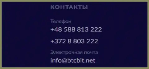 Телефон и электронный адрес online-обменника BTC Bit